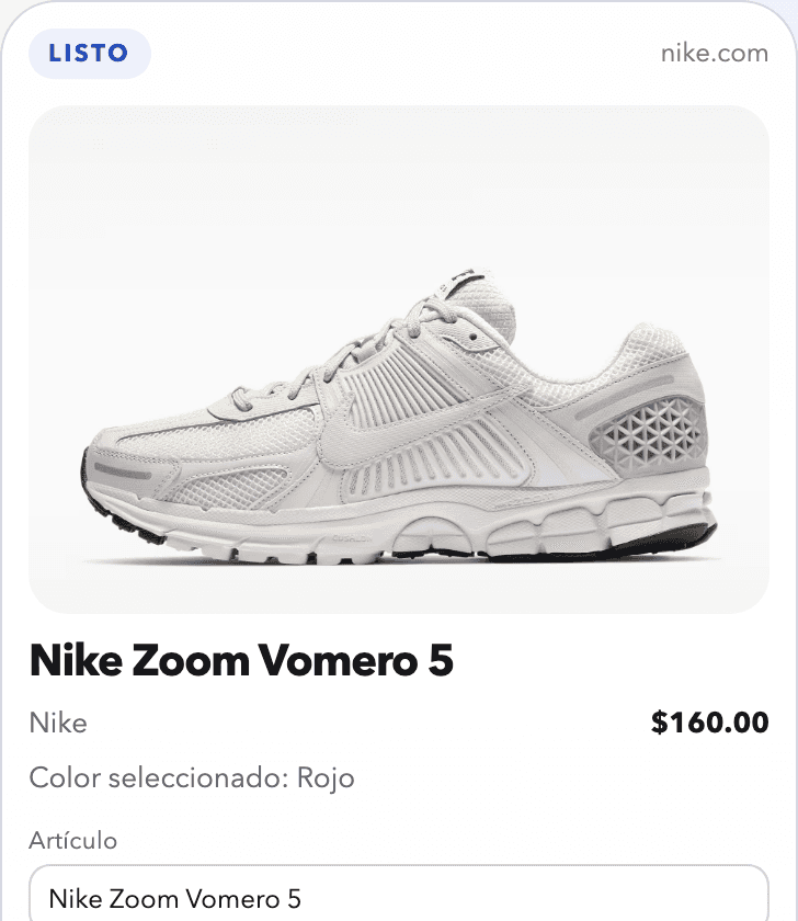 Captura de la extensión de Chrome guardando Nike Zoom Vomero 5